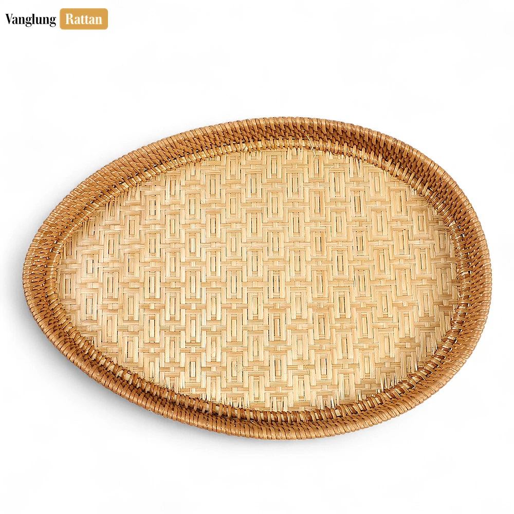 Handmade Teardrop Shape Bamboo Rattan Serving Tray with Green and Natural Intricate Geometric Labyrinth Weave - STDR013008 - 🏆 Why Choose VanglungRattan