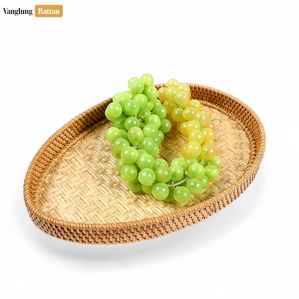 Handmade Teardrop Shape Bamboo Rattan Serving Tray with Green and Natural Intricate Geometric Labyrinth Weave - STDR013008 - Q: How do I properly care for my bamboo rattan serving tray?