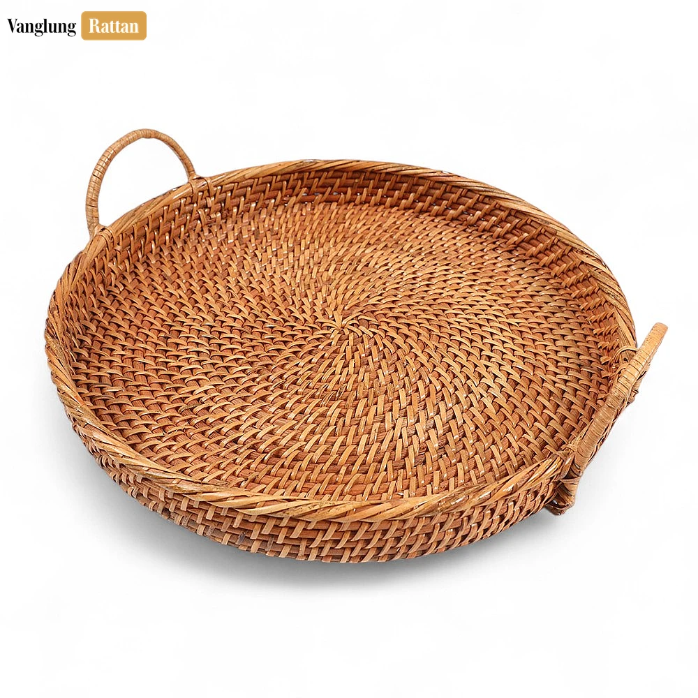 Handmade Wicker Weave Circular Rattan Serving Tray with Arched Handles - STRO021001BR - 🌿 Handmade Wicker Weave Circular Rattan Serving Tray with Arched Handles - STRO021001BR