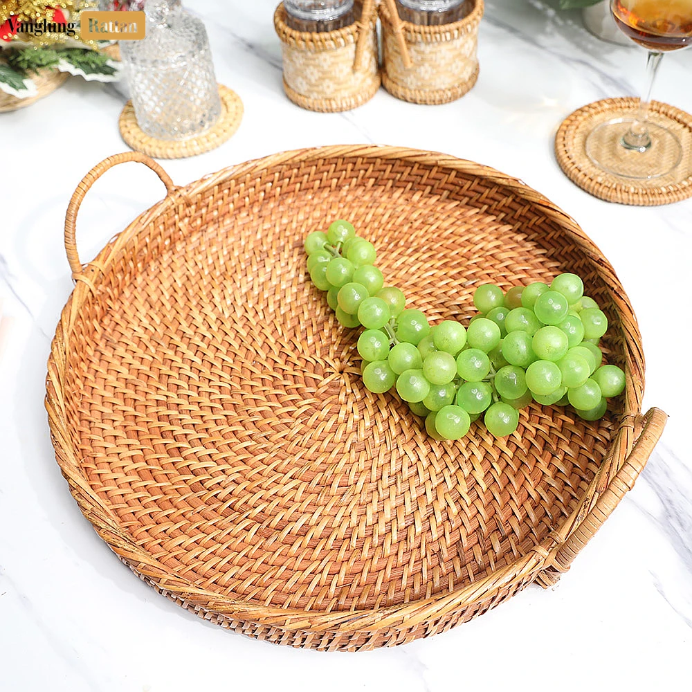 Handmade Wicker Weave Circular Rattan Serving Tray with Arched Handles - STRO021001BR - 🍽️ Applications