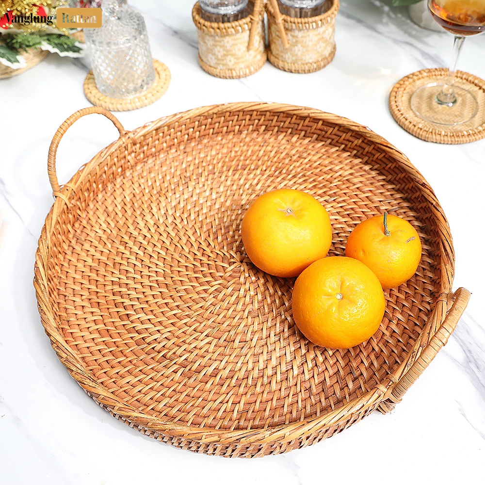 Handmade Wicker Weave Circular Rattan Serving Tray with Arched Handles - STRO021001BR - Q: Is this tray suitable for hot dishes and beverages?