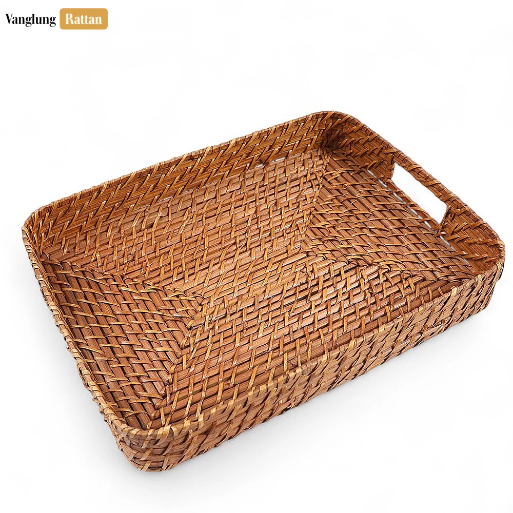 Handwoven Brown Round Rectangle Bamboo Rattan Serving Tray with Integrated Handles - STCN051007S - 🌿 Handwoven Brown Round Rectangle Bamboo Rattan Serving Tray with Integrated Handles - STCN051007S