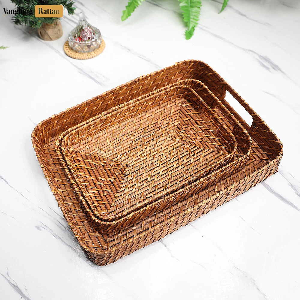 Handwoven Brown Round Rectangle Bamboo Rattan Serving Tray with Integrated Handles - STCN051007S - 🎯 Product Overview