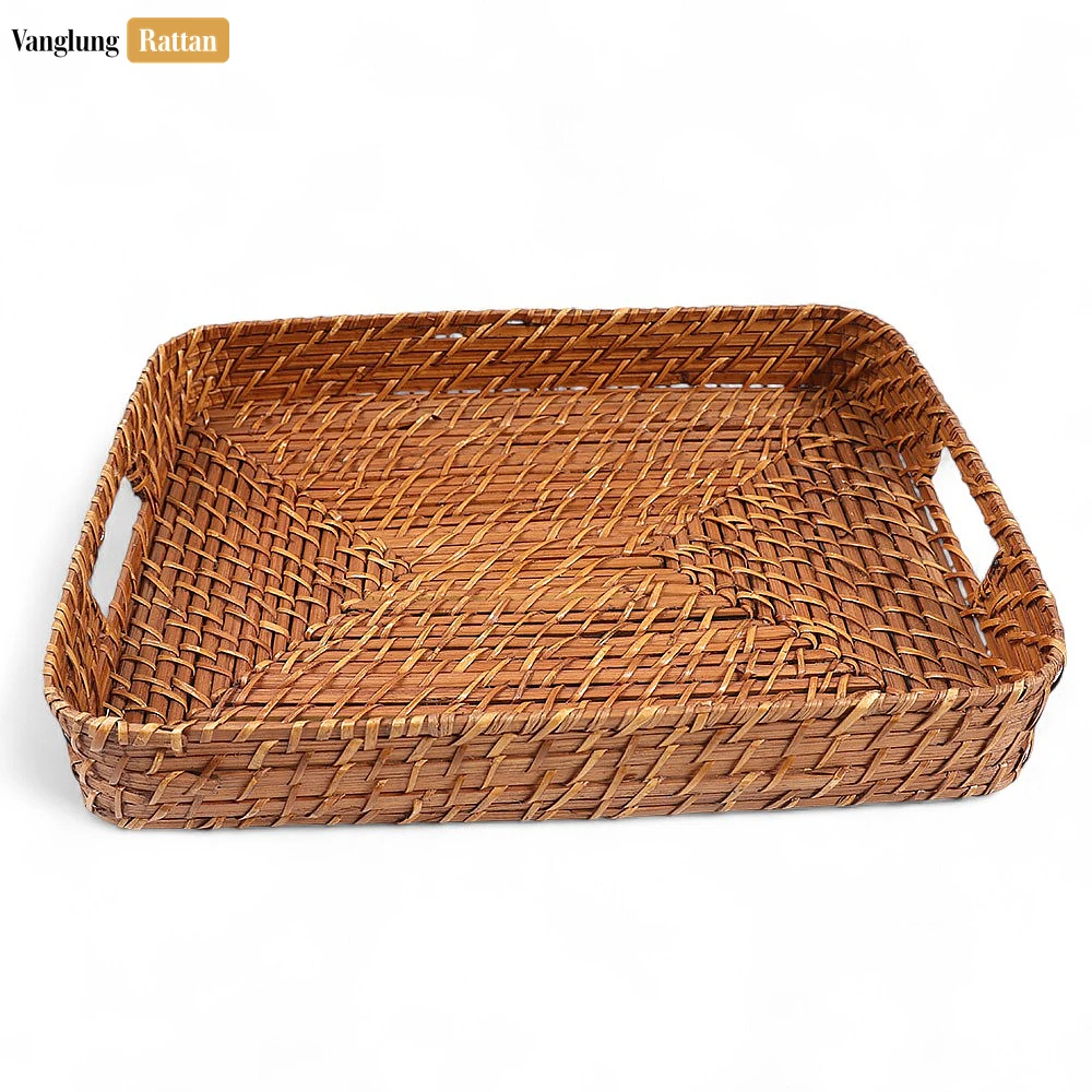 Handwoven Brown Round Rectangle Bamboo Rattan Serving Tray with Integrated Handles - STCN051007S - 🏠 Applications