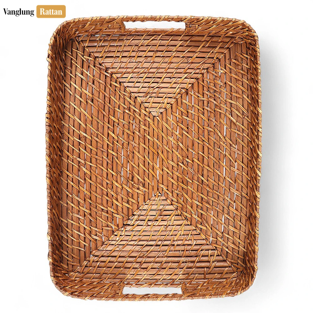 Handwoven Brown Round Rectangle Bamboo Rattan Serving Tray with Integrated Handles - STCN051007S - ⭐ Product Highlights