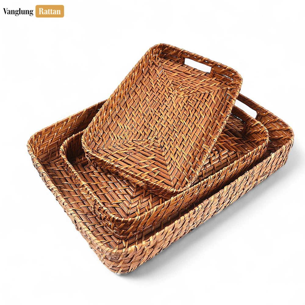 Handwoven Brown Round Rectangle Bamboo Rattan Serving Tray with Integrated Handles - STCN051007S - Q: Can this tray be used for hot dishes?