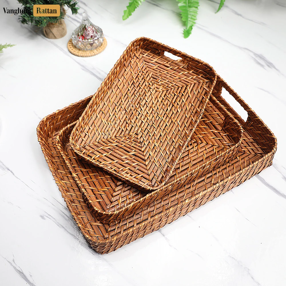 Handwoven Brown Round Rectangle Bamboo Rattan Serving Tray with Integrated Handles - STCN051007S - Q: What makes the bee skep design special?