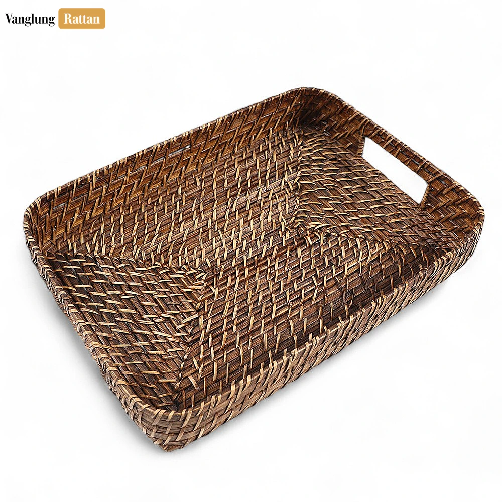 Handwoven Dark Brown Round Rectangle Bamboo Rattan Serving Tray with Integrated Handles - STCN051007SDB - 🌿 Handwoven Dark Brown Round Rectangle Bamboo Rattan Serving Tray with Integrated Handles - STCN051007SDB