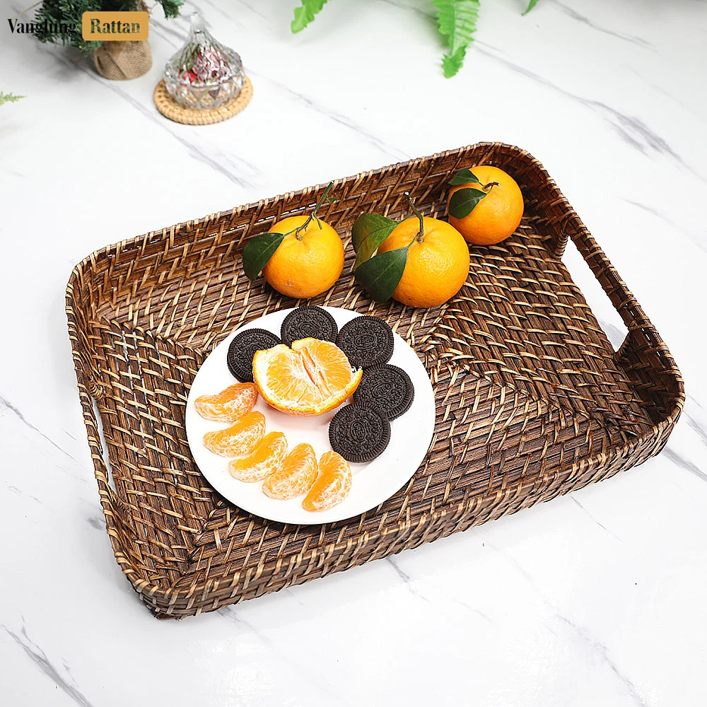 Handwoven Dark Brown Round Rectangle Bamboo Rattan Serving Tray with Integrated Handles - STCN051007SDB - 🎯 Applications