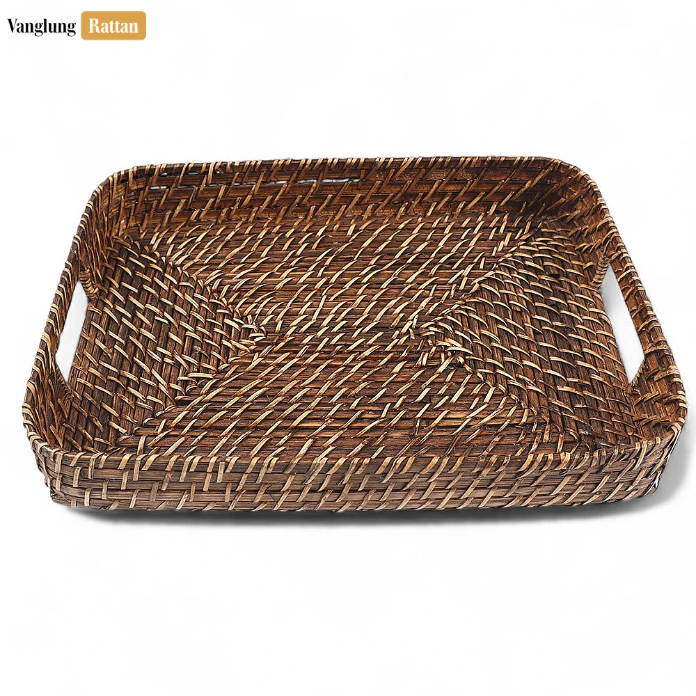 Handwoven Dark Brown Round Rectangle Bamboo Rattan Serving Tray with Integrated Handles - STCN051007SDB - ✨ Product Highlights