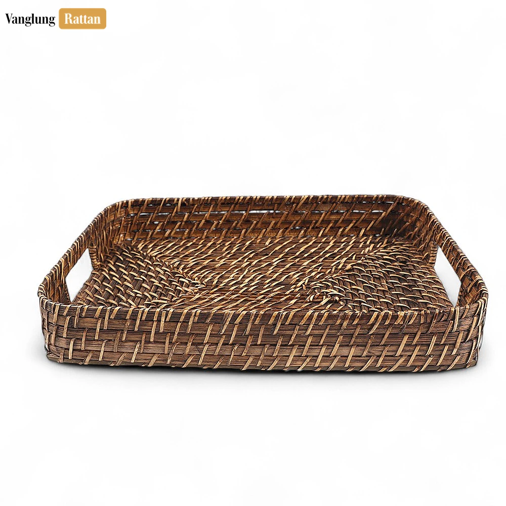 Handwoven Dark Brown Round Rectangle Bamboo Rattan Serving Tray with Integrated Handles - STCN051007SDB - 🏆 Why Choose VanglungRattan?