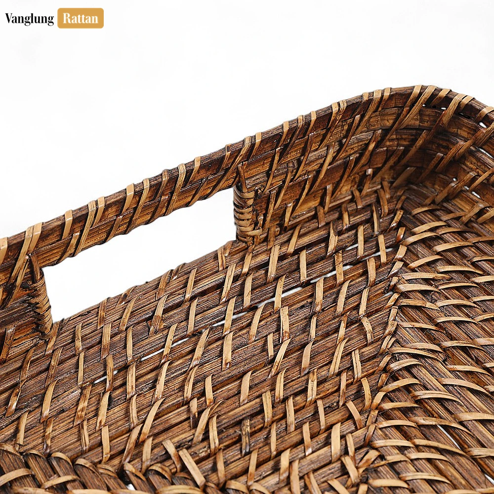 Handwoven Dark Brown Round Rectangle Bamboo Rattan Serving Tray with Integrated Handles - STCN051007SDB - 🎨 100% Handmade Products