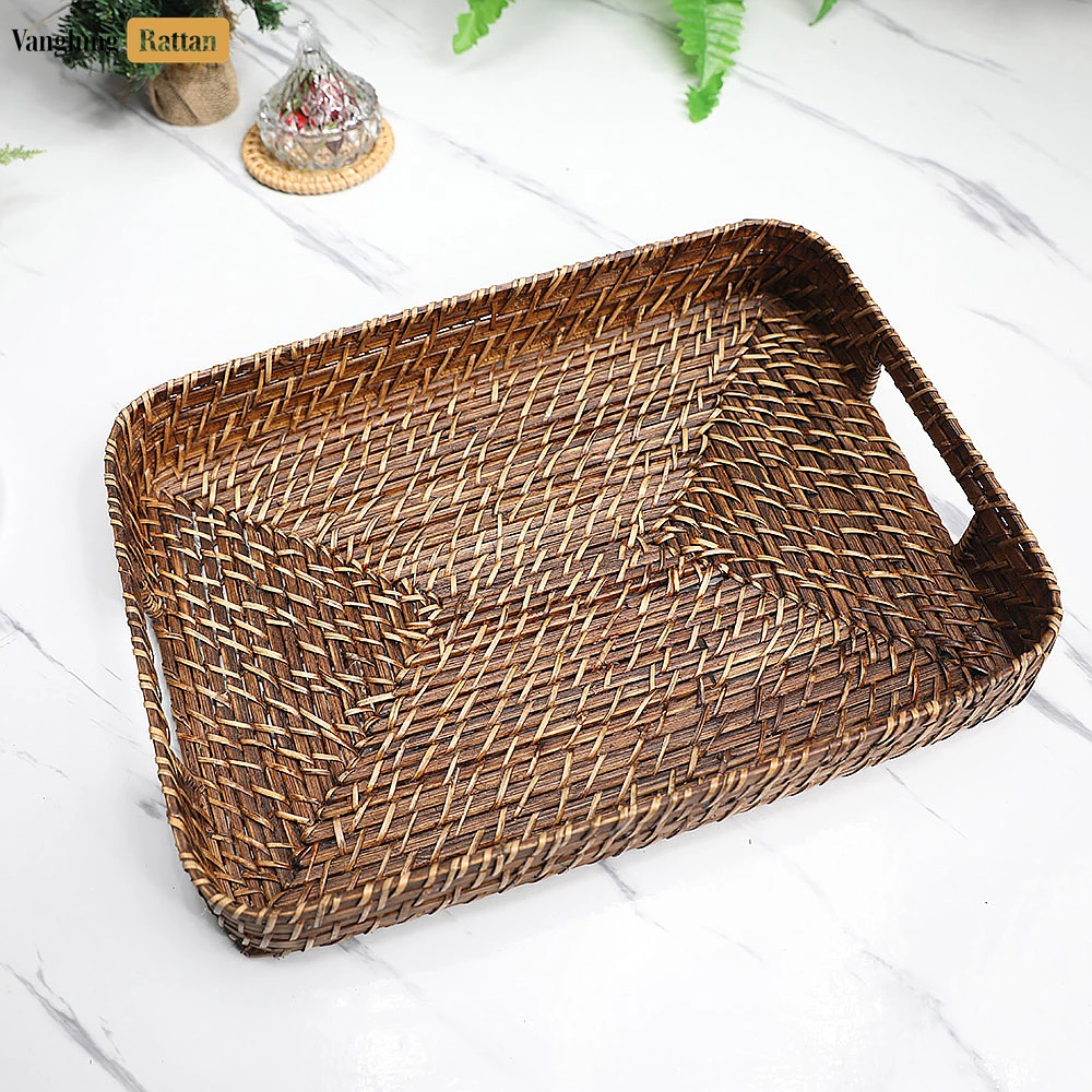 Handwoven Dark Brown Round Rectangle Bamboo Rattan Serving Tray with Integrated Handles - STCN051007SDB - 💰 Most Competitive Prices