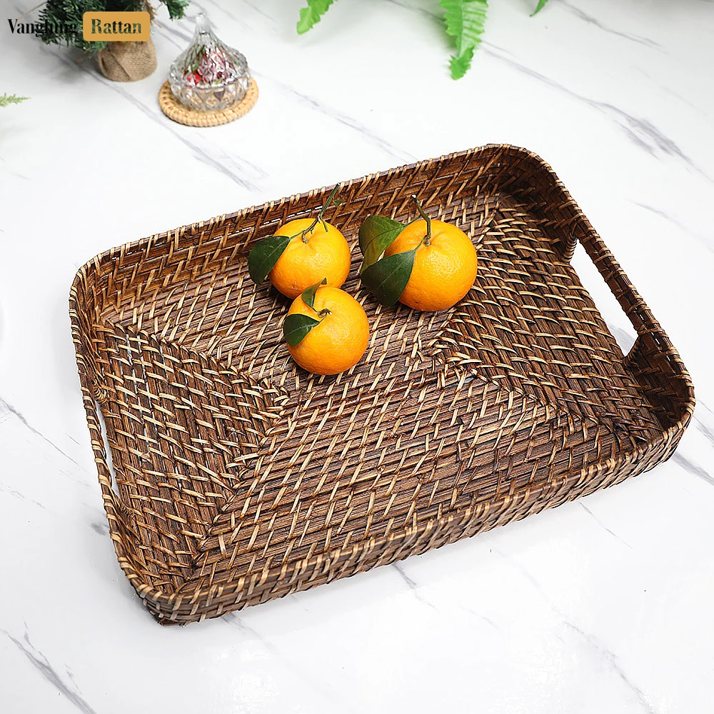 Handwoven Dark Brown Round Rectangle Bamboo Rattan Serving Tray with Integrated Handles - STCN051007SDB - 🚀 Dedicated Service