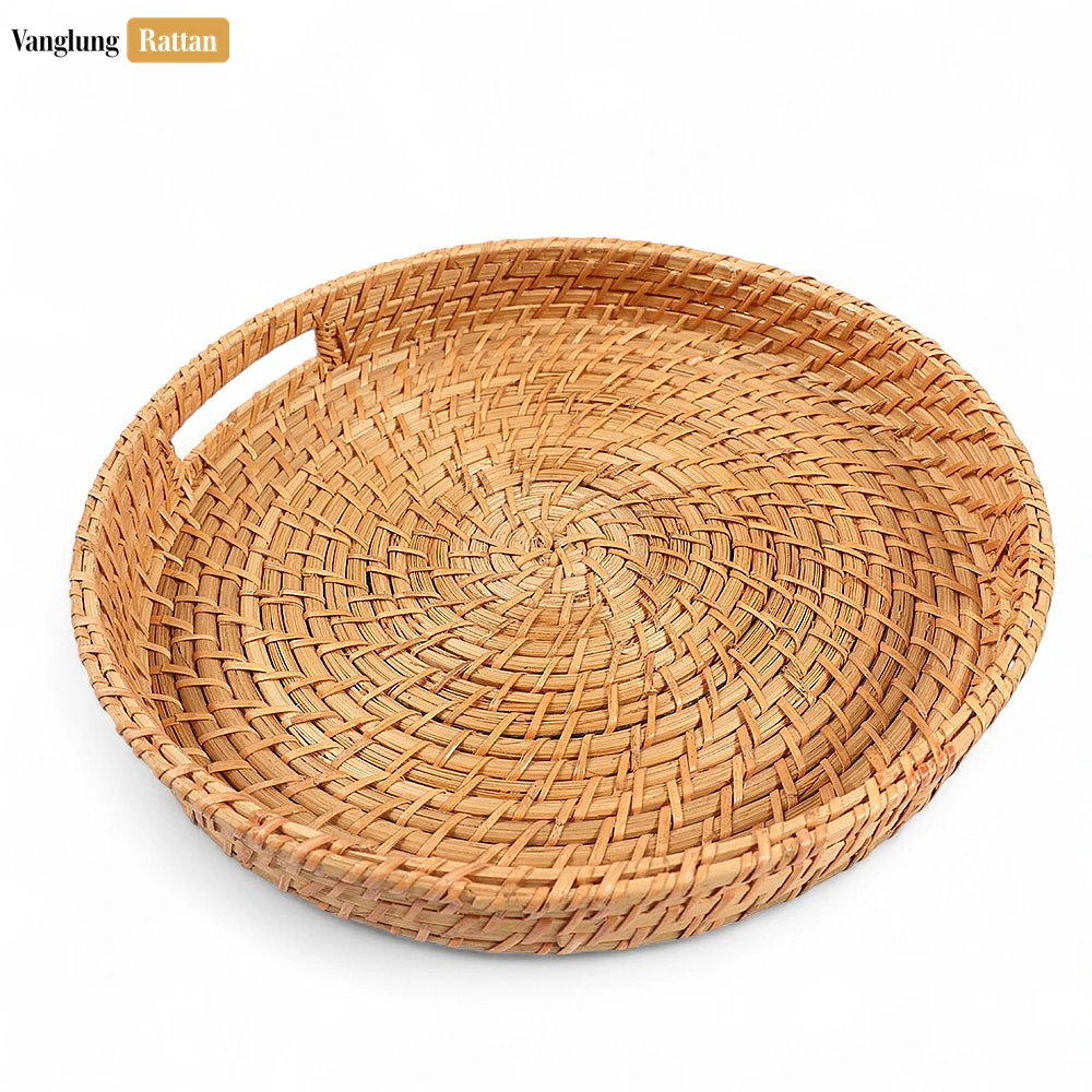 Handwoven Honey Brown Circles Bamboo Rattan Handles Serving Tray with Concentric Pattern - STRO051000HB - 🌿 Handwoven Honey Brown Circles Bamboo Rattan Handles Serving Tray with Concentric Pattern - STRO051000HB