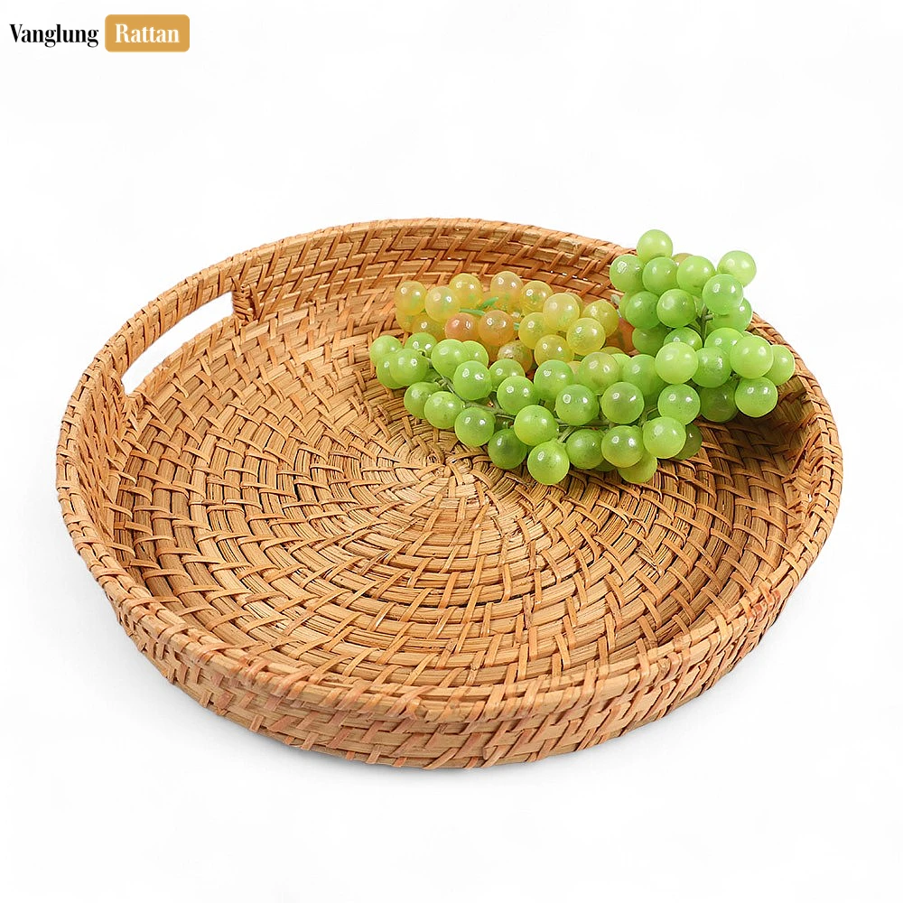 Handwoven Honey Brown Circles Bamboo Rattan Handles Serving Tray with Concentric Pattern - STRO051000HB - 🍽️ Applications