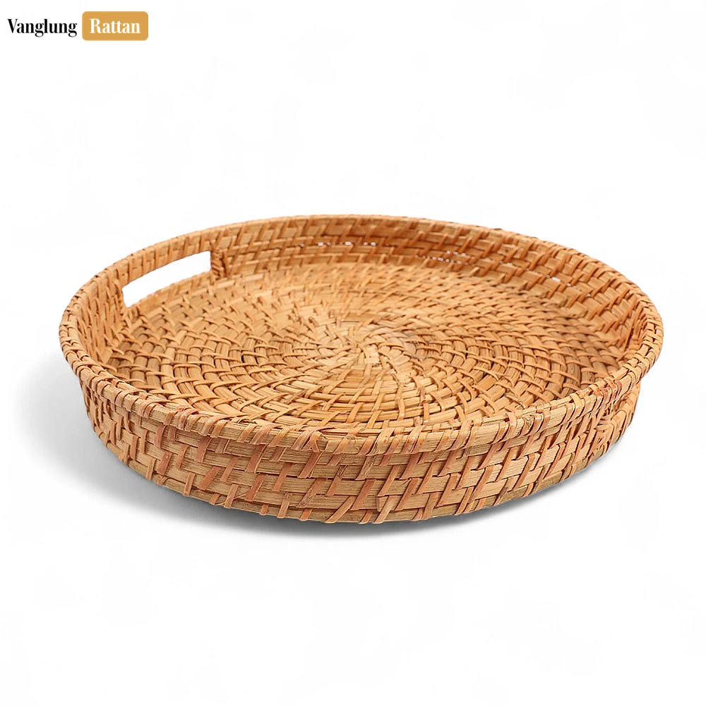 Handwoven Honey Brown Circles Bamboo Rattan Handles Serving Tray with Concentric Pattern - STRO051000HB - ⭐ Product Highlights
