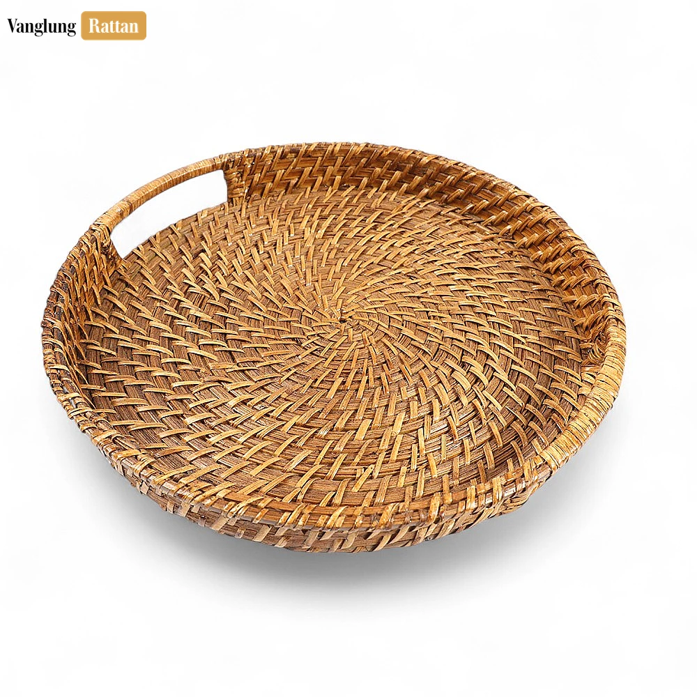 Handwoven Light Brown Circles Bamboo Rattan Handles Serving Tray with Spiral Weave - STRO051000LB - 🌿 Handwoven Light Brown Circles Bamboo Rattan Handles Serving Tray with Spiral Weave - STRO051000LB