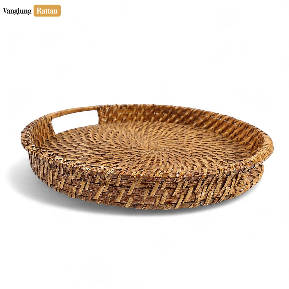 Handwoven Light Brown Circles Bamboo Rattan Handles Serving Tray with Spiral Weave - STRO051000LB - ✨ Product Highlights