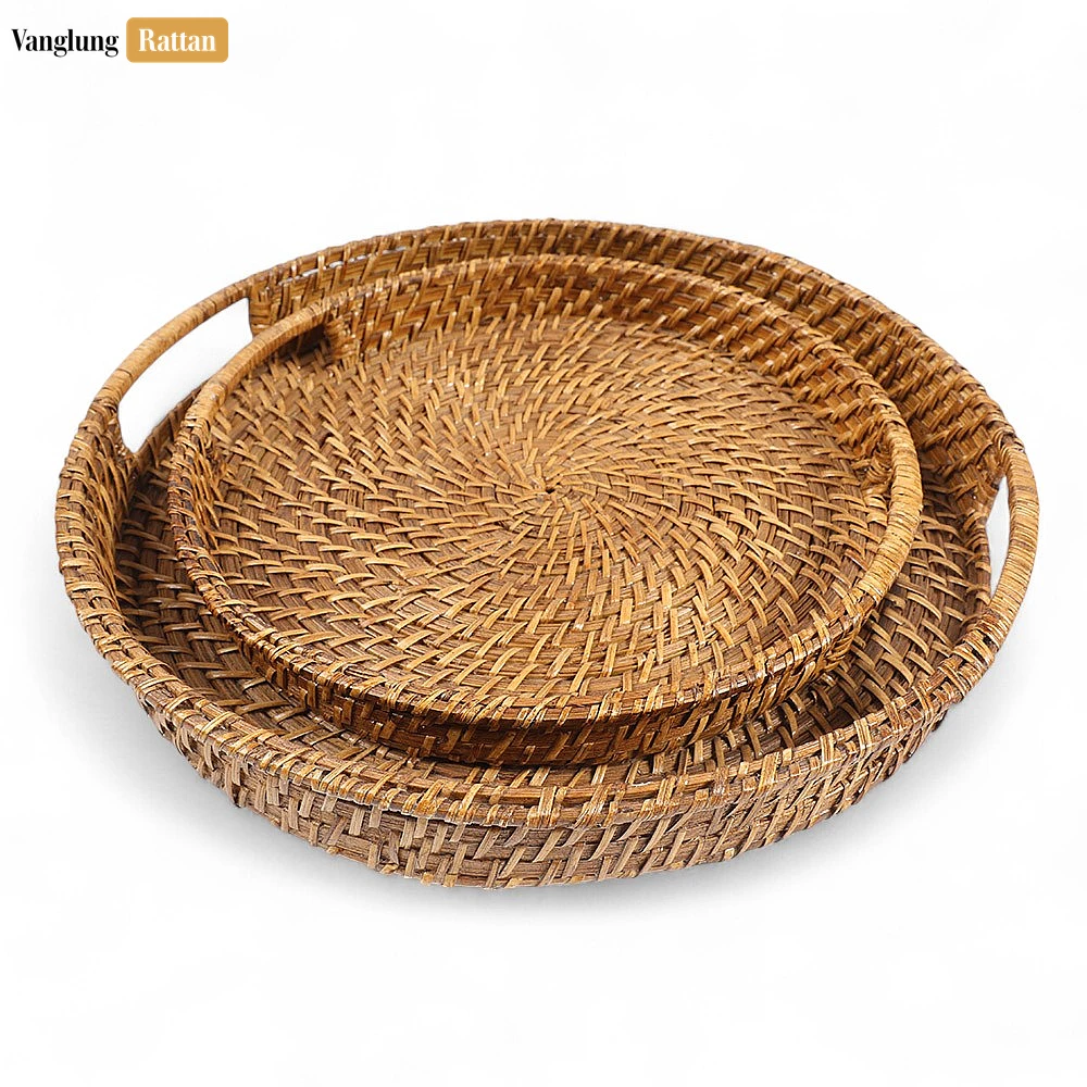 Handwoven Light Brown Circles Bamboo Rattan Handles Serving Tray with Spiral Weave - STRO051000LB - 🌧️ Can this serving tray be used outdoors?