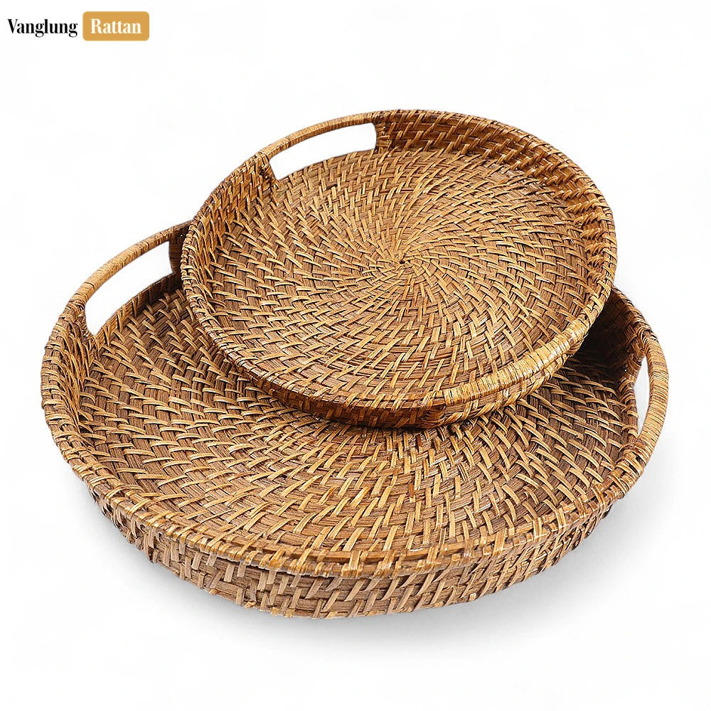 Handwoven Light Brown Circles Bamboo Rattan Handles Serving Tray with Spiral Weave - STRO051000LB - 🎁 Is this tray suitable as a gift?