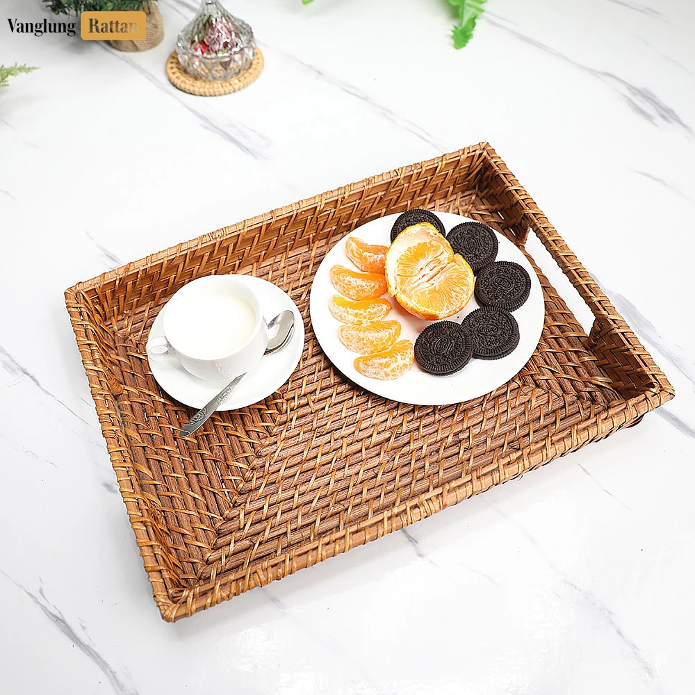 Handwoven Rectangle Bamboo Rattan Handle Serving Tray with Intricate Weave - STCN051003 - 🍽️ Applications