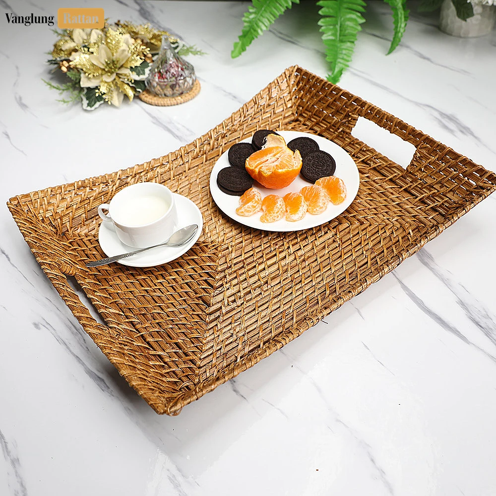 Handwoven Rectangle Bamboo Rattan Serving Tray with Curved Sides and Concentric Weave - STCN051006 - 🍽️ Applications