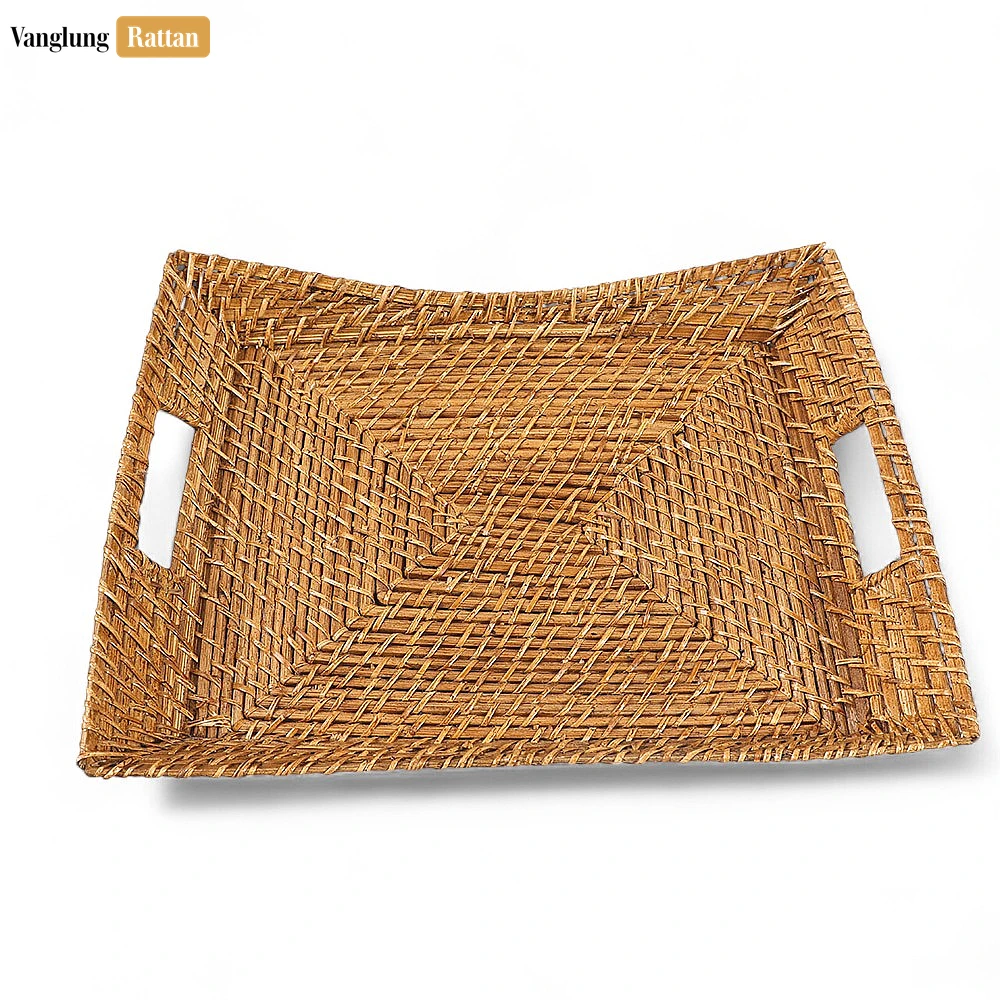 Handwoven Rectangle Bamboo Rattan Serving Tray with Curved Sides and Concentric Weave - STCN051006 - ✨ Product Highlights