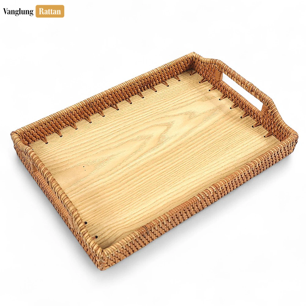 Handwoven Rectangle Straw Rattan Handles Serving Tray with Solid Wood Base - STCN14001 - 🌾 Handwoven Rectangle Straw Rattan Handles Serving Tray with Solid Wood Base - STCN14001
