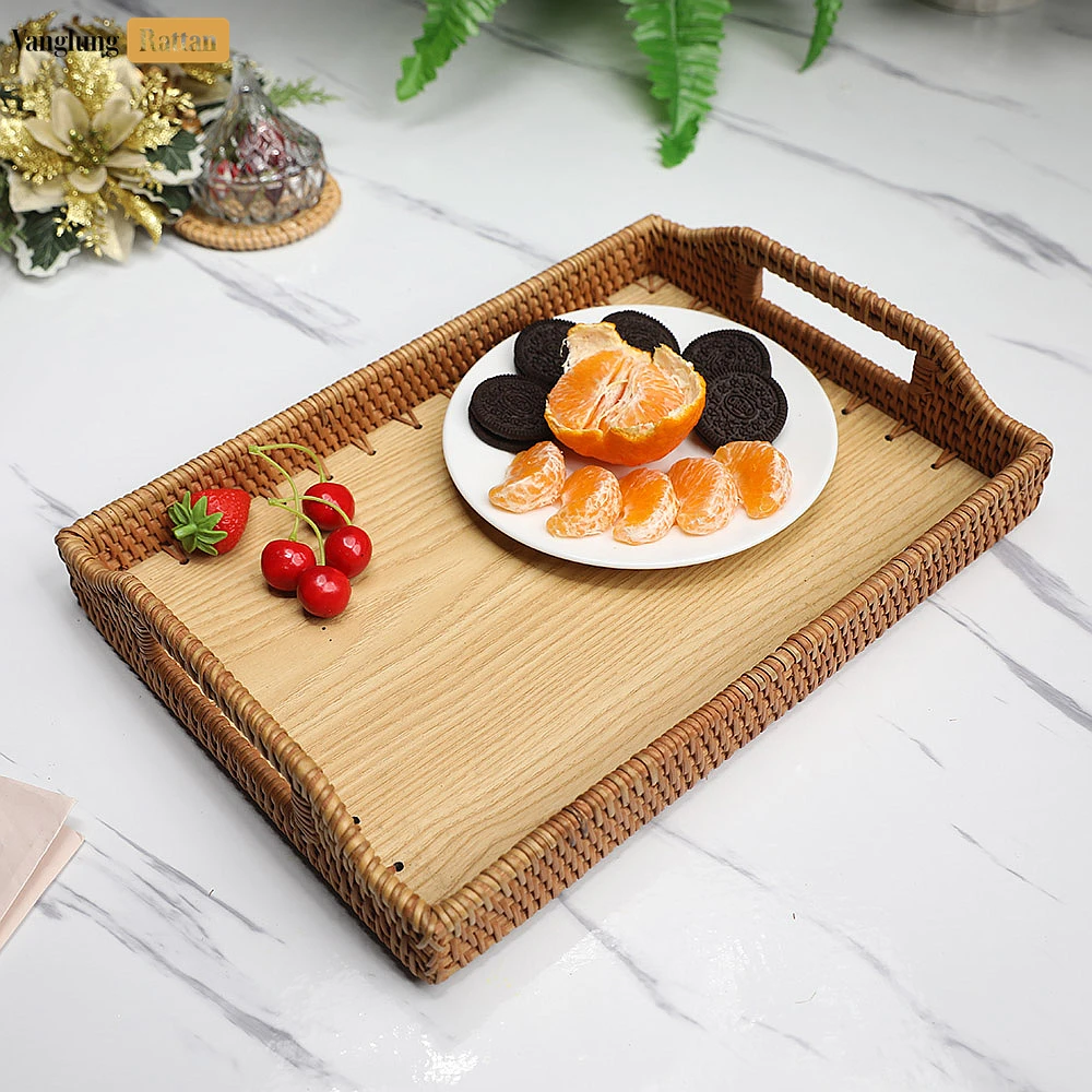 Handwoven Rectangle Straw Rattan Handles Serving Tray with Solid Wood Base - STCN14001 - 🎨 Product Overview