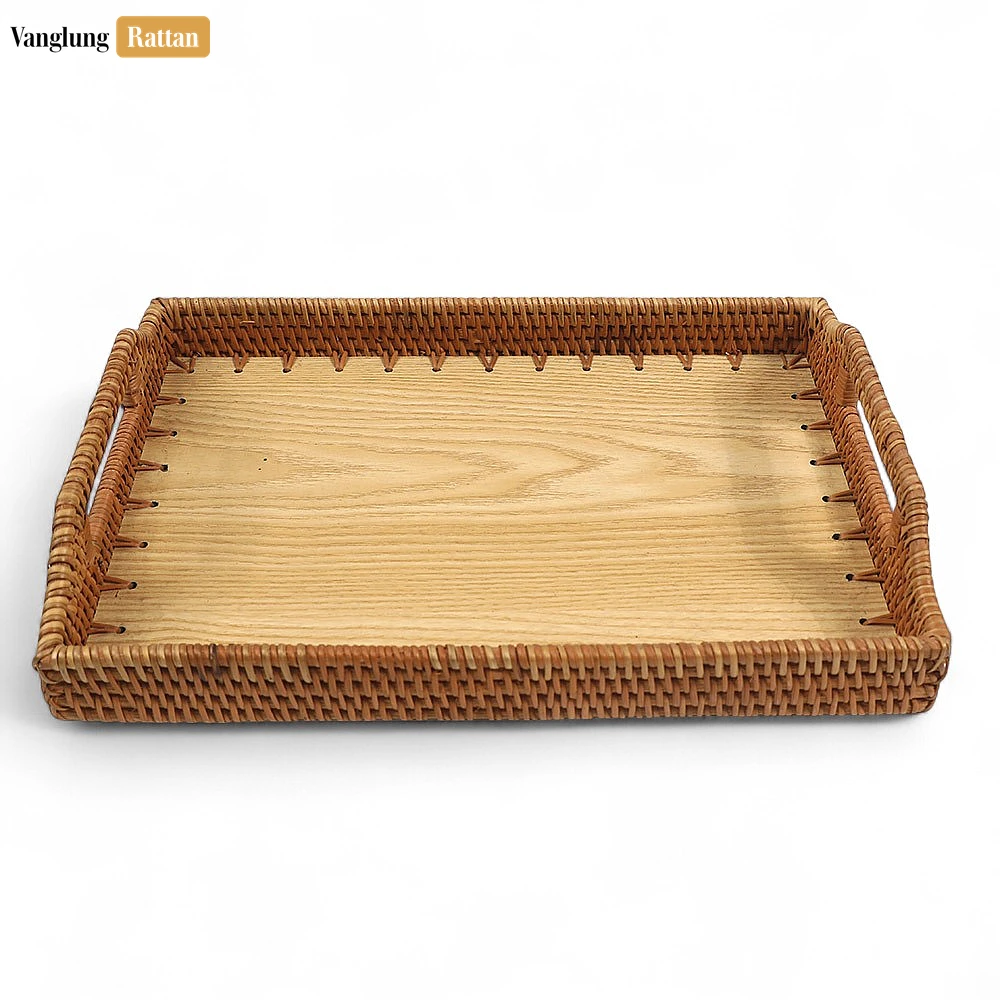 Handwoven Rectangle Straw Rattan Handles Serving Tray with Solid Wood Base - STCN14001 - 🏠 Applications