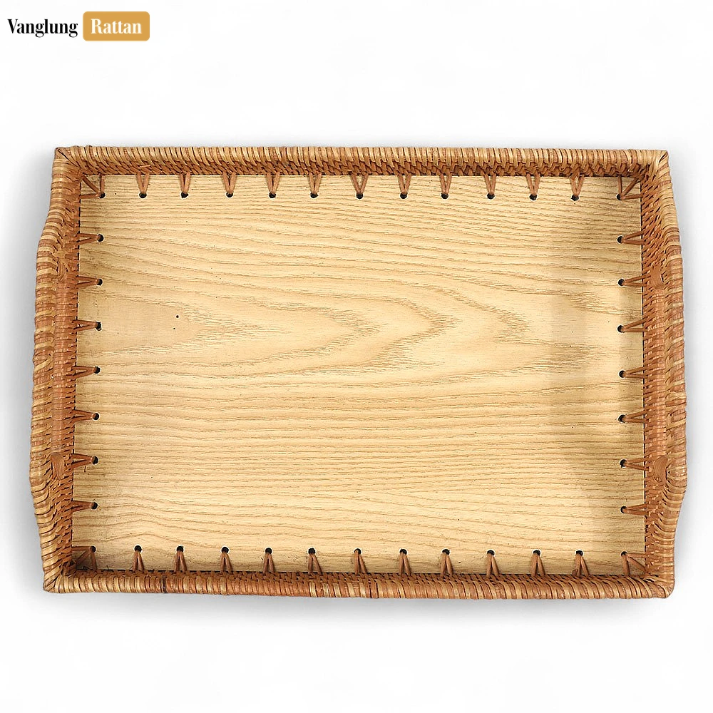 Handwoven Rectangle Straw Rattan Handles Serving Tray with Solid Wood Base - STCN14001 - ⭐ Product Highlights