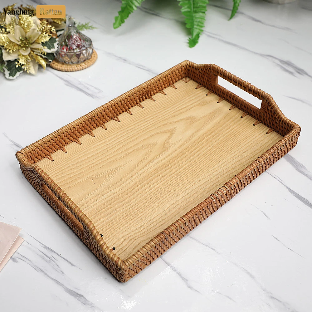 Handwoven Rectangle Straw Rattan Handles Serving Tray with Solid Wood Base - STCN14001 - Q: How do I properly care for my handwoven serving tray?