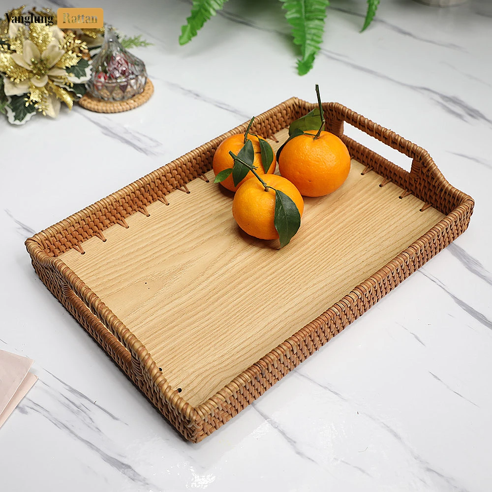Handwoven Rectangle Straw Rattan Handles Serving Tray with Solid Wood Base - STCN14001 - Q: Is this tray suitable for hot items?