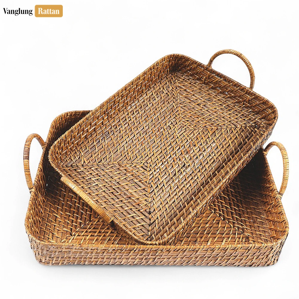 Handwoven Round Rectangle Bamboo Rattan Serving Tray with Arched Handles - STCN051005S - 🌿 Handwoven Round Rectangle Bamboo Rattan Serving Tray with Arched Handles - STCN051005S