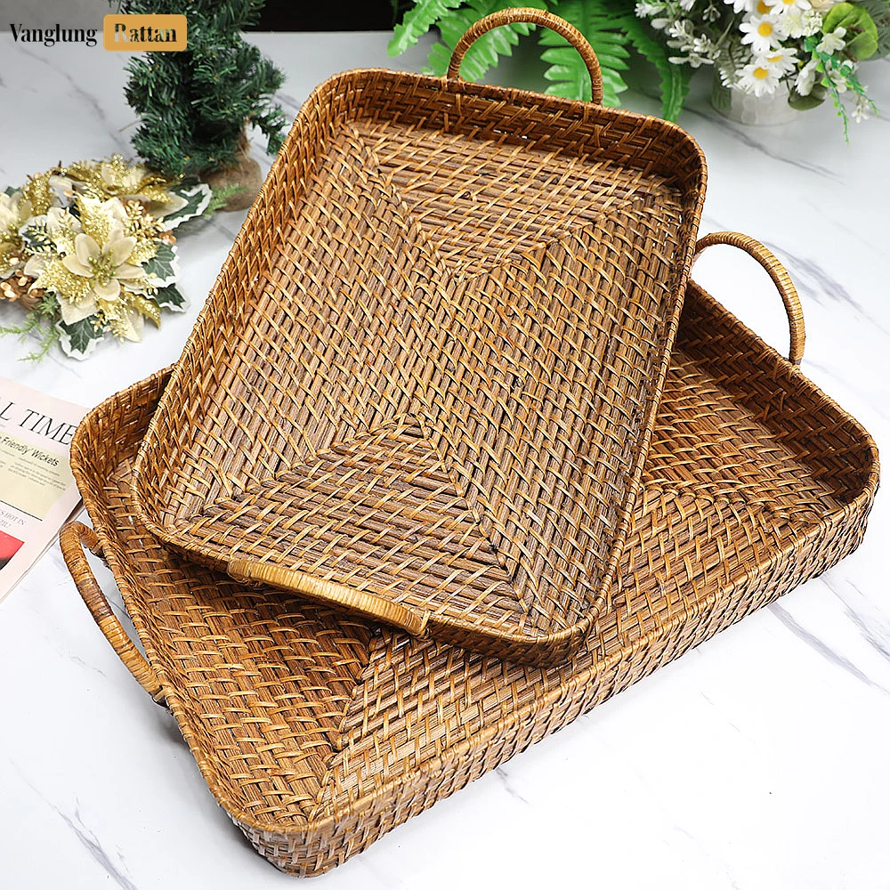 Handwoven Round Rectangle Bamboo Rattan Serving Tray with Arched Handles - STCN051005S - 🎯 Applications