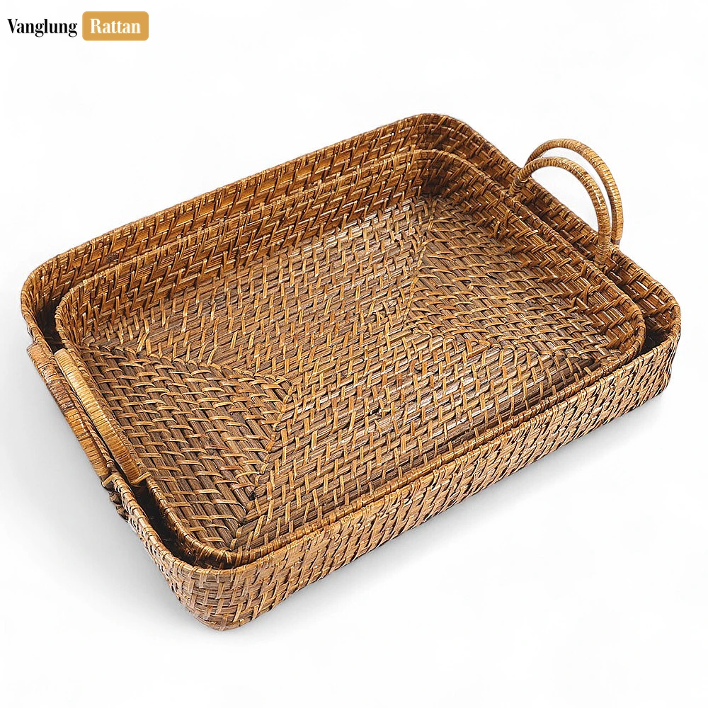 Handwoven Round Rectangle Bamboo Rattan Serving Tray with Arched Handles - STCN051005S - ✨ Product Highlights