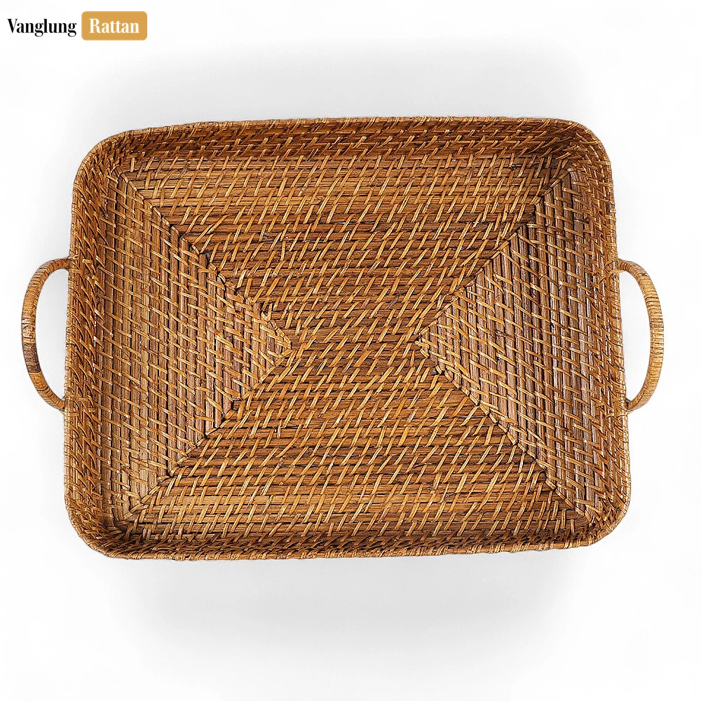 Handwoven Round Rectangle Bamboo Rattan Serving Tray with Arched Handles - STCN051005S - Q: How do I properly care for my bamboo rattan serving tray?