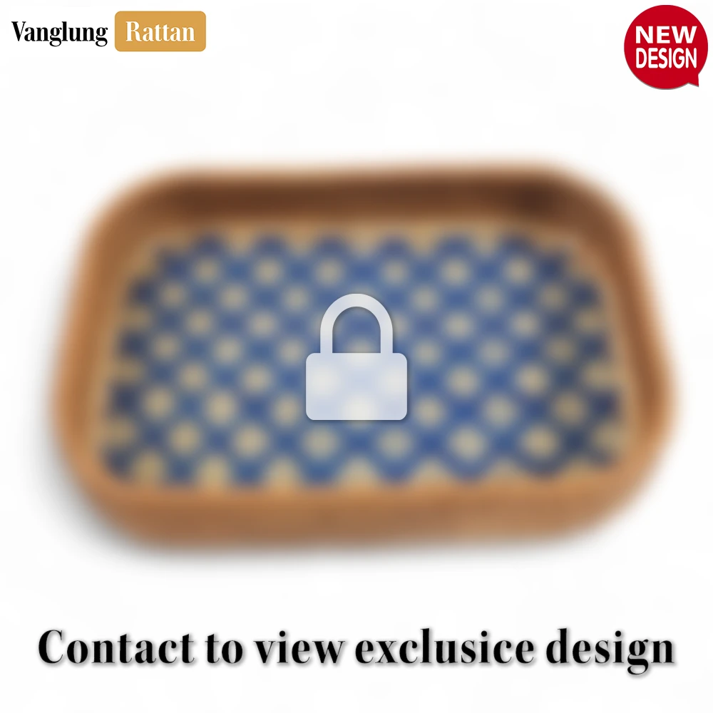 Handwoven Round Rectangle Bamboo Rattan Serving Tray with Blue and Natural Diamond Weave - STCN013010BL - ✨ Product Highlights