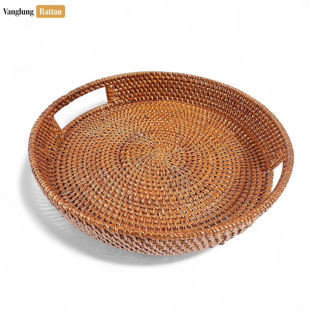 Large Round Woven Straw Rattan Handles Serving Tray with Fine Wicker Weave - STRO01004 - 🌾 Large Round Woven Straw Rattan Handles Serving Tray with Fine Wicker Weave - STRO01004