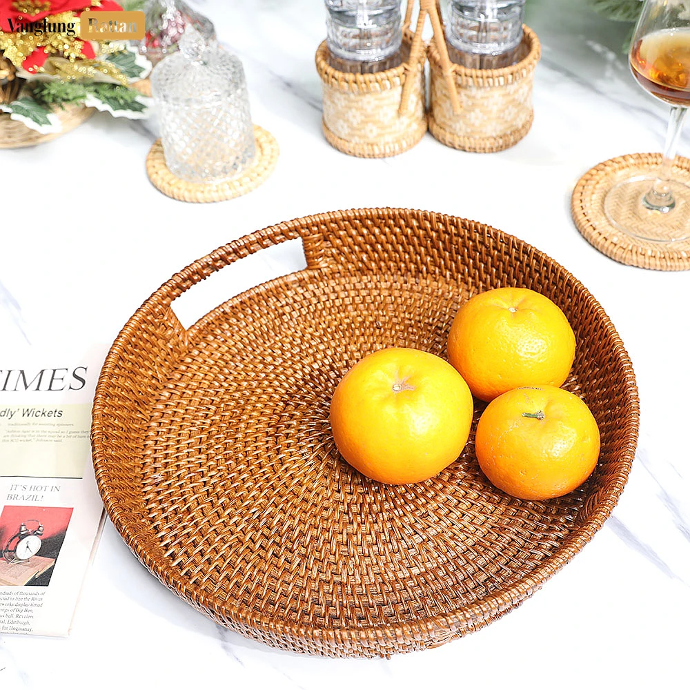 Large Round Woven Straw Rattan Handles Serving Tray with Fine Wicker Weave - STRO01004 - 🎯 Product Overview