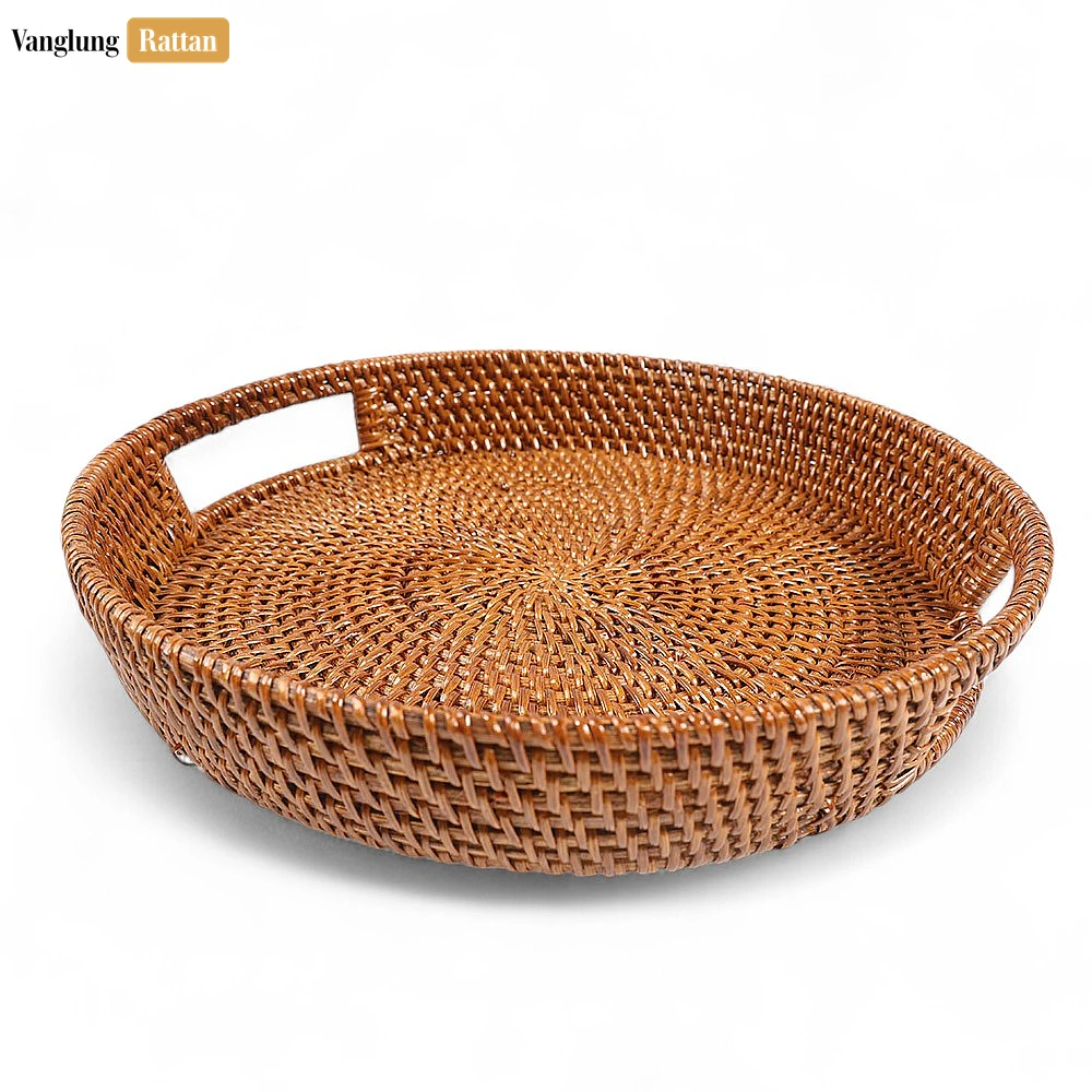 Large Round Woven Straw Rattan Handles Serving Tray with Fine Wicker Weave - STRO01004 - ✨ Applications