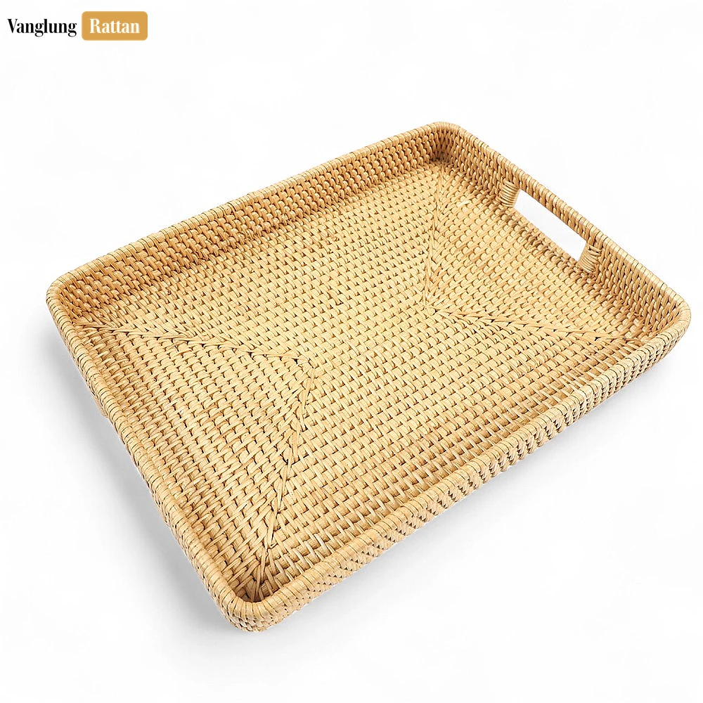 Natural Handwoven Rectangle Straw Rattan Handles Serving Tray with Fine Weave - STCN011001GR - Natural Handwoven Rectangle Straw Rattan Handles Serving Tray with Fine Weave - STCN011001GR