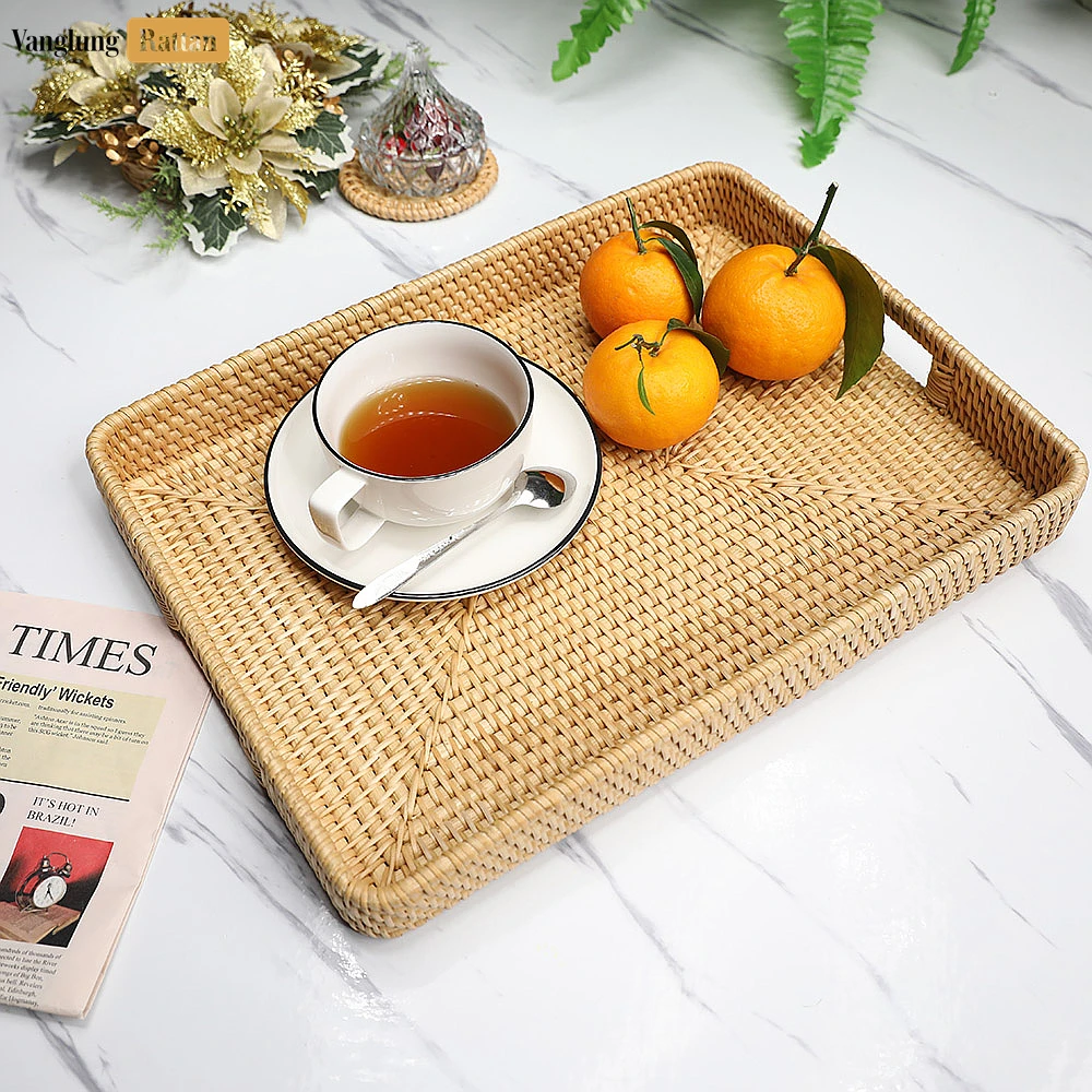 Natural Handwoven Rectangle Straw Rattan Handles Serving Tray with Fine Weave - STCN011001GR - 🏡 Applications