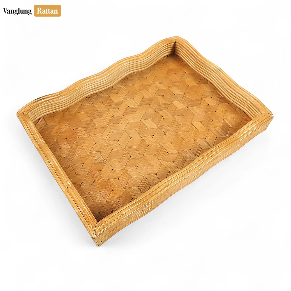 Rectangular Woven Straw Rattan Serving Tray with Wavy Edge and Geometric Block Pattern - STCN14003 - 🌾 Rectangular Woven Straw Rattan Serving Tray with Wavy Edge and Geometric Block Pattern - STCN14003