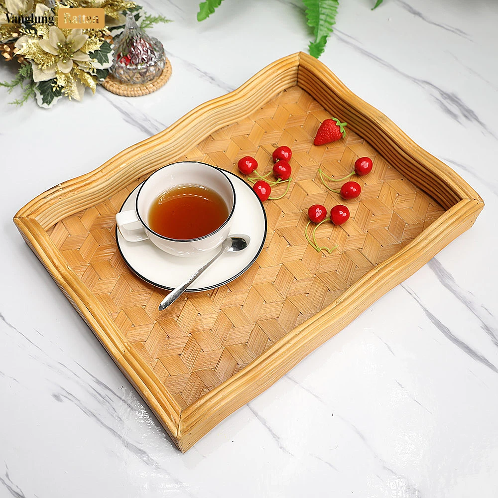 Rectangular Woven Straw Rattan Serving Tray with Wavy Edge and Geometric Block Pattern - STCN14003 - 🏠 Applications
