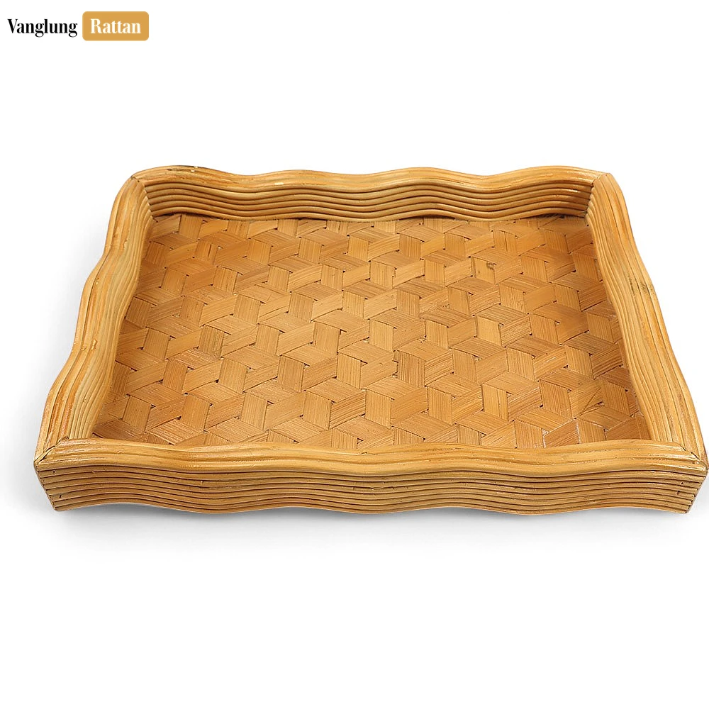Rectangular Woven Straw Rattan Serving Tray with Wavy Edge and Geometric Block Pattern - STCN14003 - ✨ Product Highlights