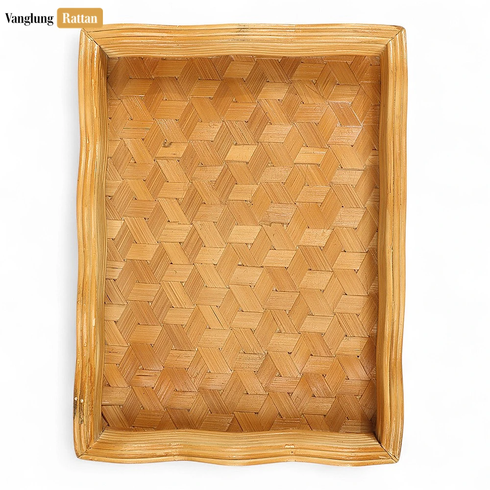 Rectangular Woven Straw Rattan Serving Tray with Wavy Edge and Geometric Block Pattern - STCN14003 - 🌟 Why Should You Buy Products at VanglungRattan