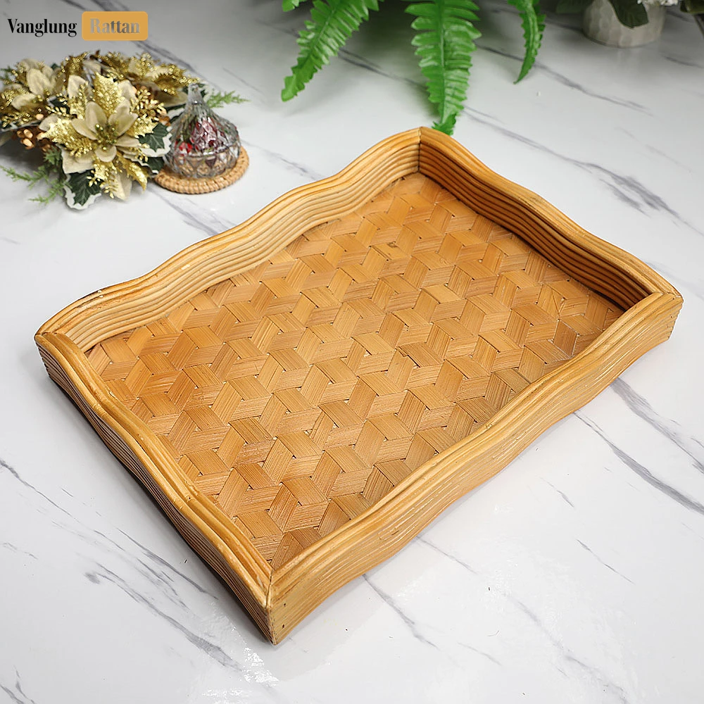 Rectangular Woven Straw Rattan Serving Tray with Wavy Edge and Geometric Block Pattern - STCN14003 - Q: Is this tray suitable for hot dishes and beverages?
