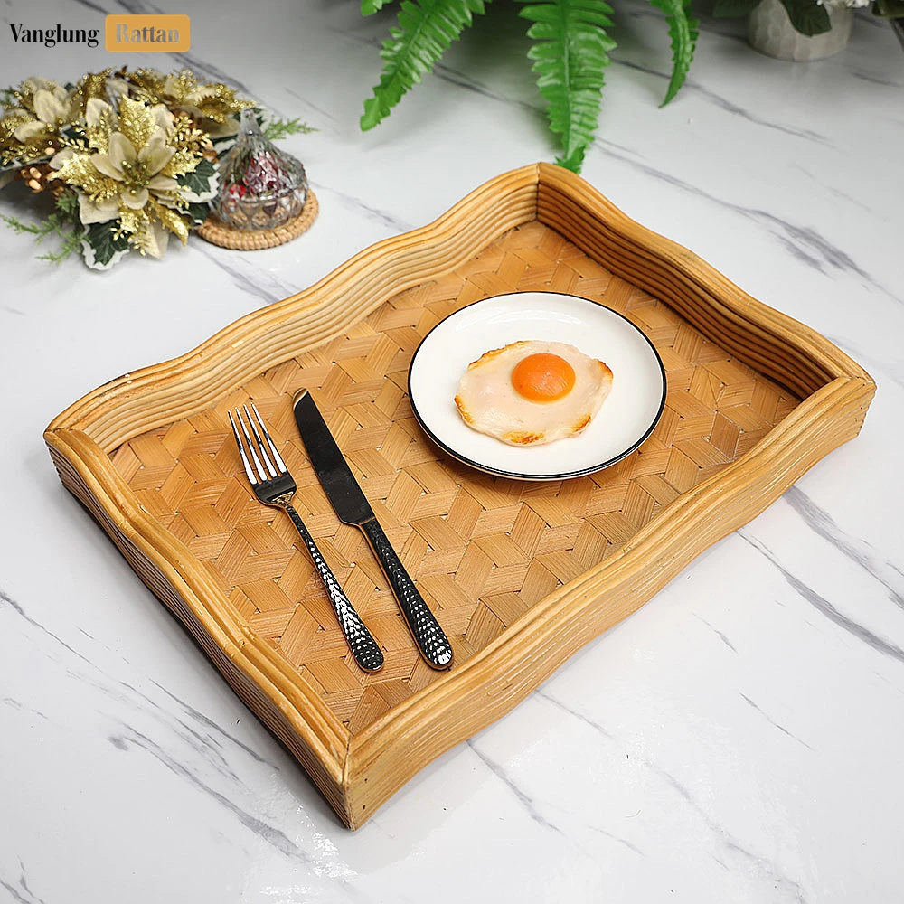 Rectangular Woven Straw Rattan Serving Tray with Wavy Edge and Geometric Block Pattern - STCN14003 - Q: Can this serving tray be used outdoors?